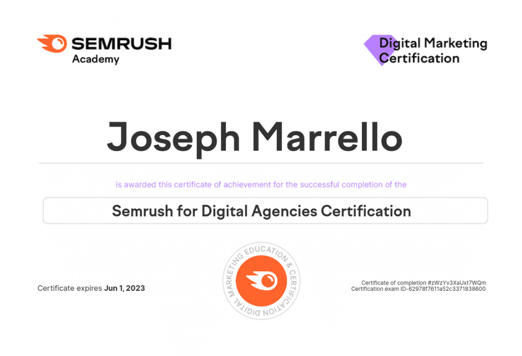 Joseph Marrello semrush certificate